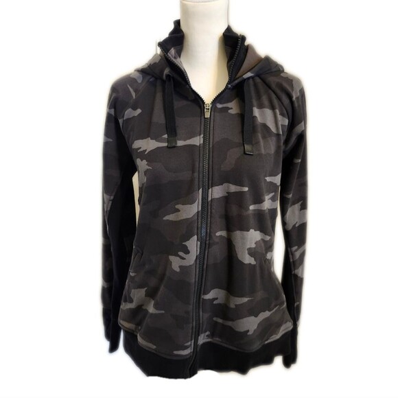 Athleta Tops - Athleta Triumph full zip black & gray camo hoodie warm up jacket, L
